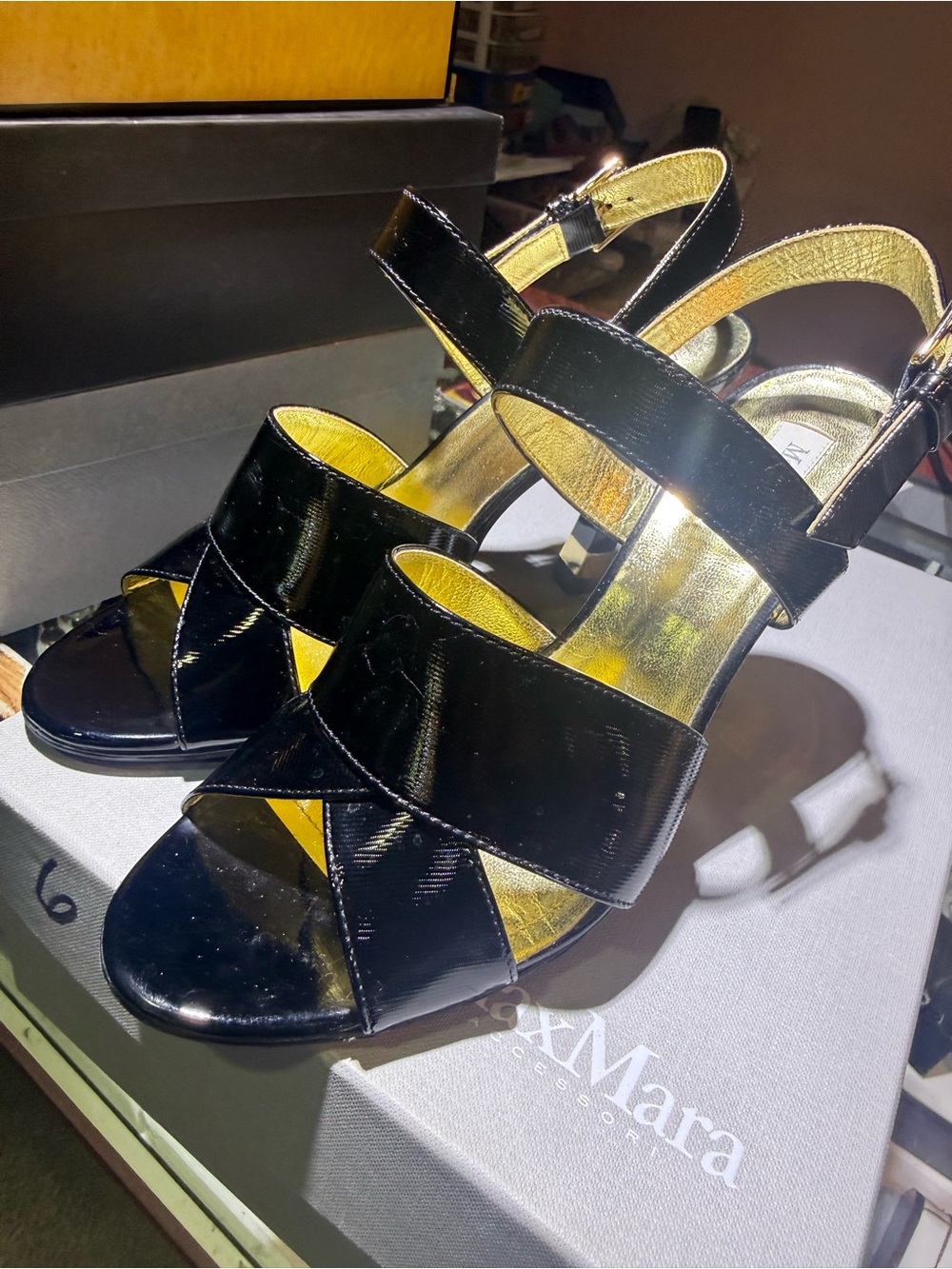 MaxMara Black Patent Leather Strappy Slingback Heels